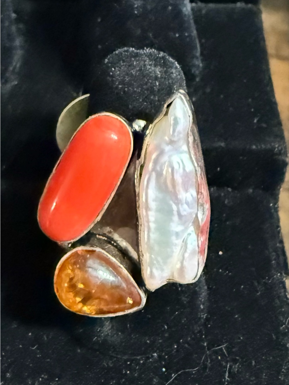 Multistone Statement Ring with Red Coral, Amber and Pearl
